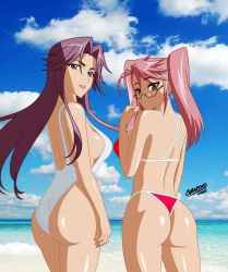 Rule 34 | 2girls, ass, bikini, breasts, casual one-piece swimsuit, glasses, highres, highschool of the dead, large breasts, mature female, mother and daughter, multiple girls, one-piece swimsuit, swimsuit, takagi saya, takagi yuriko