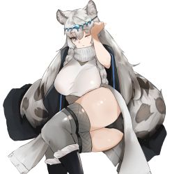 Rule 34 | 1girl, animal ears, arknights, ass, black cloak, black footwear, black panties, blush, boots, braid, breasts, circlet, cloak, commentary, dress, feet out of frame, fur-trimmed boots, fur trim, grey dress, grey eyes, grey scarf, grey thighhighs, hair between eyes, highres, knee boots, large breasts, leopard ears, leopard girl, leopard tail, long hair, looking at viewer, lying, on side, one eye closed, panties, parted lips, pelvic curtain, pramanix (arknights), rubbing eyes, scarf, side braids, silver hair, simple background, sleepy, solo, tail, tears, thighhighs, thighs, twin braids, underwear, unknownnoname0, white background