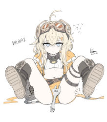 Rule 34 | absurdres, blonde hair, boots, girls&#039; frontline, goggles, goggles on head, grey eyes, highres, jacket, mask, mask around neck, medium hair, mk3a1 (girls&#039; frontline), shorts, simple background, thighs, white background, yellow jacket, yellow shorts