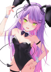 Rule 34 | 1girl, absurdres, alternate costume, animal ears, armlet, bare shoulders, black leotard, blush, breasts, cleavage, colored inner hair, demon girl, demon tail, detached collar, fake animal ears, green eyes, green nails, hair ornament, hairclip, highleg, highleg leotard, highres, hololive, leotard, long hair, looking at viewer, multicolored hair, multicolored nails, mumei (mumeillust1123), nail polish, open mouth, piercing, pink hair, pink nails, playboy bunny, purple hair, rabbit ears, simple background, smile, solo, strapless, strapless leotard, streaked hair, tail, tail ornament, tail piercing, thigh strap, tokoyami towa, virtual youtuber, white background, wrist cuffs, x hair ornament