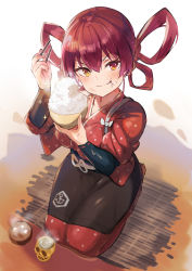 Rule 34 | 1girl, apron, black apron, blush, bowl, breasts, chopsticks, cosplay, eating, food, food on face, hair between eyes, hair rings, heterochromia, highres, holding, holding bowl, hololive, houshou marine, inoki-08, japanese clothes, kimono, large breasts, long hair, looking at viewer, red eyes, red hair, red kimono, rice, rice bowl, rice on face, sakuna-hime, sakuna-hime (cosplay), seiza, sitting, smile, solo, tatami, tensui no sakuna-hime, v-shaped eyebrows, virtual youtuber, waist apron, yellow eyes
