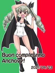 Rule 34 | 1girl, :d, anchovy (girls und panzer), arm up, black cape, black footwear, black ribbon, boots, brown eyes, cape, character name, commentary, dated, drill hair, flag background, full body, girls und panzer, green hair, hair ribbon, happy birthday, holding, italian flag, italian text, knee boots, long hair, looking at viewer, old school swimsuit, one-piece swimsuit, open mouth, outline, ribbon, riding crop, school swimsuit, smile, solo, standing, swimsuit, takahashi kurage, translated, twin drills, twintails, white one-piece swimsuit, white outline