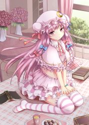 Rule 34 | 1girl, alternate costume, bed, blush, capelet, character name, crescent, cup, female focus, frilled skirt, frills, hat, heart, highres, kamekichi (kamekiti), long hair, mirror, patchouli knowledge, purple eyes, purple hair, revision, sitting, skirt, solo, striped clothes, striped thighhighs, thighhighs, touhou
