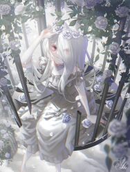 Rule 34 | 1girl, arm support, bare shoulders, barefoot, birdcage, broken, cage, clothing cutout, dress, eyes visible through hair, feet out of frame, flower, flower wreath, hair over one eye, hand on headwear, head wreath, highres, in cage, leaf, long hair, looking at viewer, looking up, off-shoulder dress, off shoulder, original, parted lips, petals, red eyes, ribbon, rose, shoulder cutout, sitting, solo, very long hair, white dress, white flower, white hair, white ribbon, white rose, yuuhi7