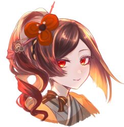 Rule 34 | 1girl, 30 byou suwa, brown hair, chiori (genshin impact), commentary request, genshin impact, hair ornament, highres, japanese clothes, kimono, long hair, looking at viewer, orange eyes, simple background, smile, solo, upper body, white background