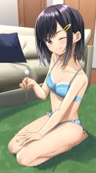 Rule 34 | 1girl, ;p, bare arms, bare legs, barefoot, black hair, blue bra, blue panties, blush, bra, breasts, cleavage, collarbone, frilled panties, frills, full body, green eyes, hair ornament, hairclip, highres, holding, indoors, kiona (giraffe kiona), kneeling, long hair, one eye closed, original, panties, shiny skin, small breasts, solo, tongue, tongue out, underwear, underwear only