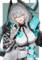 Rule 34 | 1girl, aqua wings, arknights, belt, between breasts, black pantyhose, breasts, coat, commentary request, dress, fang, feathered wings, fingerless gloves, gloves, green eyes, grey hair, hair between eyes, head wings, highres, ho&#039;olheyak (arknights), infection monitor (arknights), large breasts, long hair, long sleeves, open clothes, open coat, open mouth, pantyhose, raised eyebrow, snake tail, solo, sora mame (princess 0sora), strap between breasts, tail, two-tone wings, white dress, wings