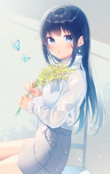 Rule 34 | 1girl, :o, animal, black hair, blue butterfly, blue eyes, blush, bug, butterfly, chair, collared shirt, commentary request, earrings, flower, grey skirt, gyozanuko, highres, holding, holding flower, insect, jewelry, long hair, long sleeves, looking at viewer, looking to the side, neck ribbon, on chair, original, parted lips, pencil skirt, ribbon, shirt, sidelocks, sitting, skirt, solo, very long hair, white shirt, yellow flower