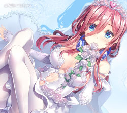 Rule 34 | 1girl, blue eyes, blush, bow, breasts, brown hair, clothing cutout, commentary request, covered mouth, detached sleeves, dress, flower, fujima takuya, go-toubun no hanayome, hair between eyes, headphones, headphones around neck, heart, knees up, large breasts, long hair, long sleeves, lying, nakano miku, navel, navel cutout, on back, pantyhose, rose, sleeves past wrists, solo, thighband pantyhose, tiara, twitter username, wedding dress, white bow, white flower, white pantyhose, white rose, white sleeves