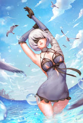 Rule 34 | 1girl, absurdres, armpits, arms up, artist name, asymmetrical clothes, bandaged arm, bandaged neck, bandages, bare shoulders, bird, black blindfold, black gloves, black hairband, black ribbon, blindfold, blue dress, blue sky, blush, bob cut, breasts, breasts apart, cloud, cloudy sky, collarbone, cosplay, covered eyes, cowboy shot, day, dress, facing viewer, factory, flying, frills, gloves, hair over eyes, hairband, highres, jay xu, kaine (nier), kaine (nier) (cosplay), legs together, lingerie, medium breasts, negligee, nier, nier:automata, nier (series), no mole, nose, ocean, outdoors, panties, parted lips, pink lips, ribbon, sash, seagull, short hair, silver hair, sky, smile, solo, sparkle, standing, steam, strap gap, teeth, thigh gap, thighs, underwear, upper teeth only, vambraces, wading, water, water drop, white panties, 2b (nier:automata)