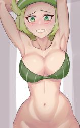 Rule 34 | 1girl, armpits, arms behind head, beret, bianca (pokemon), blush, bra, breasts, cleavage, collarbone, creatures (company), drawfag, forehead, game freak, green bra, green eyes, green hair, green hat, grey background, groin, hat, heart, heart-shaped pupils, highres, hip focus, large breasts, lips, looking at viewer, navel, nintendo, out-of-frame censoring, parted lips, pokemon, pokemon bw, short hair, solo, stomach, strapless, strapless bra, symbol-shaped pupils, teeth, underwear, upper body, white background, wide hips