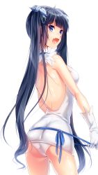 Rule 34 | 10s, 1girl, arm ribbon, ass, backless dress, backless outfit, bad id, bad twitter id, bare back, bare shoulders, black hair, blue eyes, blush, bow, breasts, butt crack, cleavage, cleavage cutout, clothing cutout, cowboy shot, dress, dungeon ni deai wo motomeru no wa machigatteiru darou ka, fang, female focus, from behind, gloves, hair ornament, hair ribbon, hestia (danmachi), highres, large breasts, long hair, looking back, midriff, ntk (7t5), open mouth, panties, rei no himo, ribbon, short dress, simple background, sleeveless, sleeveless dress, solo, twintails, underwear, very long hair, white background, white dress, white gloves, white panties