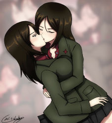 Rule 34 | 2girls, black hair, black skirt, blue eyes, blush, breasts, cleavage, closed eyes, dated, french kiss, girls und panzer, half-closed eyes, highres, hug, kiss, large breasts, looking at another, military, military uniform, miniskirt, multiple girls, nonna (girls und panzer), pleated skirt, pravda military uniform, selfcest, skirt, swept bangs, tongue, uniform, yuri