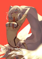 Rule 34 | 1girl, altera (fate), armpits, bare shoulders, blunt bangs, breasts, choker, collarbone, dark-skinned female, dark skin, detached sleeves, endlessfalling, fate/grand order, fate (series), full-body tattoo, headdress, midriff, mouth hold, navel, red background, red eyes, red ribbon, revealing clothes, ribbon, ribbon in mouth, short hair, showgirl skirt, simple background, skirt, small breasts, solo, standing, stomach, tan, tattoo, veil, white hair, white skirt