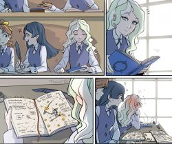 Rule 34 | 3girls, ahoge, artist name, barbara parker, black hair, blonde hair, blush, book, broom, broom riding, brown hair, diana cavendish, english text, facepalm, hannah england, hat, ink pot, little witch academia, long hair, multiple girls, purple eyes, quill, sweatdrop, ticcy, window, witch hat