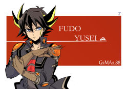 Rule 34 | 1boy, adjusting clothes, adjusting gloves, black hair, blonde hair, blue eyes, brown gloves, character name, colored tips, fudo yusei, gloves, jacket, jote (chokure), looking at viewer, male focus, multicolored hair, red background, serious, solo, spiked hair, streaked hair, two-tone hair, upper body, yu-gi-oh!, yu-gi-oh! 5d&#039;s