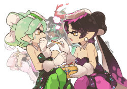 Rule 34 | + +, 4girls, bike shorts, black dress, black footwear, black gloves, black hair, black jumpsuit, black shirt, blunt bangs, bottle, brown eyes, callie (splatoon), closed mouth, collar, commentary, cousins, covering face, crop top, dark-skinned female, dark skin, detached collar, dress, earrings, english commentary, feeding, food, food on head, french fries, frown, fume, gloves, gomipomi, gradient hair, green hair, green legwear, half-closed eyes, headphones, holding, holding bottle, holding food, inkling, jewelry, jumpsuit, ketchup, ketchup bottle, leaning back, leaning forward, long hair, looking at another, marie (splatoon), marina (splatoon), medium hair, mole, mole under eye, mole under mouth, multicolored hair, multiple girls, nintendo, object on head, octoling, open mouth, pantyhose, pearl (splatoon), pink hair, pointy ears, puff of air, purple hair, purple legwear, shirt, shoes, short dress, short hair, short jumpsuit, shorts under dress, simple background, sitting, smile, splatoon (series), splatoon 1, splatoon 2, standing, strapless, strapless dress, suction cups, sushi, sweatdrop, swept bangs, tentacle hair, throwing, very long hair, white background, white collar, white dress, white gloves, wing collar