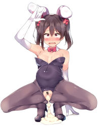 Rule 34 | 1girl, absurdres, animal ears, arm up, bar censor, black footwear, black leotard, black pantyhose, blush, bow, bowtie, breasts, breasts out, censored, cum, cum inflation, cumdrip, detached collar, drooling, elbow gloves, fake animal ears, gloves, gluteal fold, hair bow, heart, heart-shaped pupils, high heels, highres, inflation, leotard, love live!, love live! school idol project, m/, nipples, open clothes, open mouth, pantyhose, playboy bunny, popii (yuuta679), pregnant, rabbit ears, red bow, red bowtie, red eyes, rolling eyes, saliva, simple background, small breasts, smile, solo, spread legs, squatting, symbol-shaped pupils, tearing up, tears, teeth, torn clothes, torn pantyhose, twintails, wavy mouth, white background, white gloves, yazawa nico