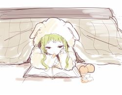 Rule 34 | 1girl, akka, arm support, book, commentary, food, fruit, green hair, gumi, half-closed eyes, head rest, hooded pajamas, kotatsu, looking down, lowres, lying, mandarin orange, on stomach, open book, pajamas, reading, sidelocks, solo, table, under kotatsu, under table, vocaloid