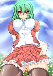 Rule 34 | 1girl, bad id, bad pixiv id, breasts, breasts apart, female focus, flower, from below, green hair, hand on own hip, highres, impossible clothes, impossible shirt, kazami yuuka, large breasts, light rays, plaid, plaid skirt, plaid vest, red eyes, shirt, short hair, skirt, skirt set, solo, sunbeam, sunflower, sunlight, syroh, thighhighs, touhou, vest, zettai ryouiki