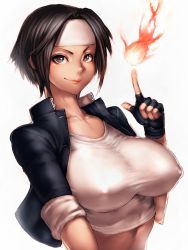 Rule 34 | 1girl, black hair, breasts, brown eyes, cosplayer kyouko, covered erect nipples, fingerless gloves, fire, fumio (rsqkr), genderswap, genderswap (mtf), gloves, headband, huge breasts, impossible clothes, impossible shirt, jacket, kusanagi kyou, leather, leather jacket, looking at viewer, pyrokinesis, shirt, short hair, simple background, skin tight, smile, snk, solo, tank top, taut clothes, taut shirt, the king of fighters, white background