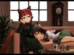 Rule 34 | 2girls, animal ears, arm cannon, bad id, bad pixiv id, black hair, bored, braid, cat ears, cat girl, couch, dress, face, female focus, fetal position, hair ribbon, twirling hair, head rest, kaenbyou rin, kurione (pixiv), kurione (zassou), lap pillow, letterboxed, lying, multiple girls, one eye closed, red eyes, red hair, reiuji utsuho, ribbon, sitting, touhou, twin braids, weapon, wink