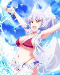 Rule 34 | 1girl, :d, animal ear fluff, animal ears, arm up, armpits, bare arms, bikini, blue bow, blue hair, blue sky, blunt bangs, blush, bow, breasts, cleavage, collarbone, commentary request, cowboy shot, day, floating hair, fox ears, fox girl, fox tail, groin, hair bow, happy, highleg, highleg swimsuit, highres, large breasts, looking afar, machikado mazoku, n88 colpla, navel, on head, open mouth, outdoors, outstretched arms, red bikini, riko (machikado mazoku), short hair, sidelocks, sky, smile, solo, standing, swimsuit, tail, tail raised, water, water drop, yellow eyes