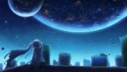 Rule 34 | 1girl, bare shoulders, black gloves, blue hair, blue theme, commentary request, earth (planet), elbow gloves, facing away, floating, gloves, hatsune miku, highres, hoshino mizuki (hoshino 263f), long hair, looking up, moon, planet, rock, scenery, shirt, sitting, sleeveless, sleeveless shirt, solo, space, star (sky), twintails, vocaloid, white shirt