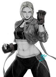 Rule 34 | 1girl, abs, breasts, cammy white, crop top, cropped jacket, fingerless gloves, gloves, highres, lips, long sleeves, medium breasts, monochrome, pants, scar, scar on face, short hair, street fighter, street fighter 6, tobita nikiichi