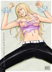 Rule 34 | 00s, 1girl, angry, azasuke, bdsm, belt, blonde hair, bondage, bound, breasts, clenched teeth, female focus, from above, highres, ice, julia (rave master), leather, long hair, lying, midriff, navel, nipples, no bra, on back, pants, rave, restrained, solo, spread legs, sweat, tank top, teeth, torn clothes, yellow eyes