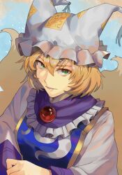 1girl animal_ears animal_hat blonde_hair blue_tabard fox_ears fox_tail green_eyes hat highres lips long_sleeves mob_cap multiple_tails no_headwear onionmay shirt short_hair slit_pupils solo tabard tail touhou white_shirt yakumo_ran