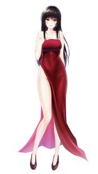 Rule 34 | 1girl, bare shoulders, black hair, breasts, brown eyes, cleavage, collarbone, commentary request, dress, full body, hand on own chest, high heels, highres, kotegawa yui, large breasts, long hair, looking at viewer, realman, red dress, red footwear, simple background, solo, standing, to love-ru, white background