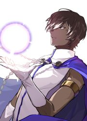 Rule 34 | 1boy, absurdres, arjuna (fate), armlet, bishounen, blue cape, brown eyes, brown hair, cape, casting spell, dark-skinned male, dark skin, fate/grand order, fate (series), gloves, highres, male focus, ororooops, parted lips, shirt, short hair, solo, white gloves, white shirt