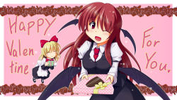Rule 34 | 2girls, ;d, ^ ^, apron, bat wings, between breasts, black dress, blush, bow, box, breasts, chocolate, closed eyes, collared shirt, dress, dress shirt, english text, floating, flower, gift, gift box, giving, hair bow, happy valentine, head tilt, head wings, heart, highres, juliet sleeves, koakuma, kurenaidahlia, light particles, long hair, long sleeves, looking at viewer, low wings, multiple girls, necktie, necktie between breasts, one eye closed, open mouth, pink background, puffy sleeves, red eyes, red hair, shanghai doll, shirt, shoes, simple background, skirt, skirt set, smile, touhou, valentine, vest, waist apron, white shirt, wings