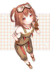 Rule 34 | 1girl, bare shoulders, blush, boots, breasts, brown footwear, brown gloves, brown hair, chitetan, closed mouth, commentary request, full body, glint, gloves, goggles, goggles on head, hand on own hip, hand up, index finger raised, looking at viewer, naked overalls, o-ring, ole tower, overalls, plaid, plaid background, rammer (ole tower), red eyes, small breasts, smile, solo, standing, two side up