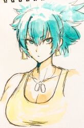 Rule 34 | 1girl, bare shoulders, breasts, dog tags, earrings, highres, jewelry, leona heidern, notebook, painting (medium), ponytail, portrait, ryo yo shi, sketch, soldier, solo, tank top, the king of fighters, the king of fighters xv, traditional media, triangle earrings, watercolor (medium), watercolor effect, yellow tank top