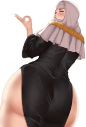 Rule 34 | 1girl, absurdres, ass, ass focus, back, black dress, breasts, dress, fate/extra, fate/extra ccc, fate (series), from behind, habit, highres, huge ass, jewelry, kymp, large breasts, long sleeves, looking at viewer, looking back, looking down, necklace, nun, sessyoin kiara, side slit, solo, thighs, wide hips, yellow eyes