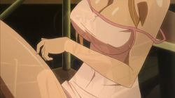 Rule 34 | 1girl, adjusting hair, animated, animated gif, blush, breasts, brown eyes, brown hair, highschool of the dead, large breasts, matching hair/eyes, miyamoto rei, nightgown, no bra, parted lips, sitting, solo, strap slip, sweat