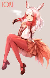 Rule 34 | 10s, 1girl, :d, black footwear, blush, brown eyes, character name, cup, dolce (dolsuke), frilled sleeves, frills, from side, grey background, head wings, holding, holding cup, japanese crested ibis (kemono friends), kemono friends, long hair, long sleeves, looking at viewer, mary janes, mug, open mouth, orange skirt, pantyhose, pleated skirt, red hair, red pantyhose, shirt, shoes, simple background, sitting, skirt, smile, solo, steam, tail, white hair, white shirt, wings