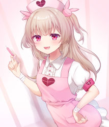 Rule 34 | 1girl, :d, apron, bandaged arm, bandaged wrist, bandages, blush, center frills, collared shirt, cowboy shot, fang, frilled shirt, frills, hair ornament, hand on own hip, hat, heart, holding, holding syringe, light brown hair, long hair, looking at viewer, natori sana, nurse cap, open mouth, pink apron, pink hat, puffy short sleeves, puffy sleeves, rabbit hair ornament, red eyes, sana channel, shirt, short sleeves, sleeve cuffs, smile, smug, solo, syringe, two side up, v-shaped eyebrows, virtual youtuber, white shirt, wing collar, zky (oekaky)