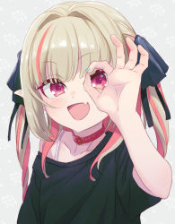 Rule 34 | 1girl, black ribbon, black shirt, blush, collar, collarbone, drill hair, fang, grey hair, hair intakes, hair ribbon, hand up, highres, long hair, looking at viewer, makaino ririmu, multicolored hair, nijisanji, off shoulder, ok sign, ok sign over eye, open mouth, patterned background, pointy ears, red collar, red eyes, red hair, ribbon, sabamen, shirt, skin fang, smile, solo, spaghetti strap, streaked hair, t-shirt, twin drills, twintails, two-tone hair, upper body, virtual youtuber