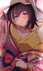 Rule 34 | 1girl, arm up, azki (hololive), azki (new year) (hololive), black hair, blue eyes, blush, breasts, chromatic aberration, cleavage, colored inner hair, commentary, floral print, from above, fur scarf, highres, hololive, japanese clothes, kimono, looking at viewer, lying, mole, mole under eye, multicolored hair, official alternate costume, on back, open mouth, pink hair, pink kimono, short hair, single off shoulder, solo, streaked hair, upper body, virtual youtuber, white hair, yamaki (yamaki801), yellow kimono, yukata