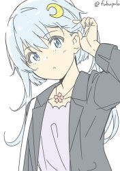 Rule 34 | 1girl, black jacket, blazer, blue eyes, blue hair, crescent, crescent hair ornament, fubupula, hair ornament, highres, jacket, kantai collection, light blue hair, looking at viewer, official alternate costume, one-hour drawing challenge, shirt, simple background, solo, twitter username, upper body, white background, white shirt, yayoi (kancolle)