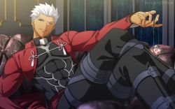 Rule 34 | 1boy, abs, akujiki59, archer (fate), artist name, commentary request, covered abs, crossed legs, dark-skinned male, dark skin, fate/stay night, fate (series), glint, grey eyes, holding, holding jewelry, jewelry, light smile, long sleeves, male focus, one eye closed, outstretched arm, pectorals, pendant, reclining, short hair, shrug (clothing), solo, tassel, thighs, toned, toned male, twitter username, white hair