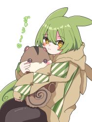 Rule 34 | 1girl, animal ears, black outline, black pantyhose, blush, coat, green hair, hair between eyes, heart, highres, holding, holding stuffed toy, long hair, looking at viewer, low ponytail, orange coat, outline, pantyhose, poroporosaburo, pout, sidelocks, simple background, solo, striped clothes, stuffed animal, stuffed toy, vertical-striped clothes, voicevox, white background, yellow eyes, zundamon
