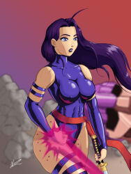 Rule 34 | 1girl, 1other, artist request, bare shoulders, blue leotard, breasts, covered navel, energy sword, fingerless gloves, gloves, glowing, glowing hand, highleg, highleg leotard, highres, impossible clothes, impossible leotard, large breasts, leotard, lips, long hair, looking to the side, marvel, nipples, psylocke, revealing clothes, sash, sentinel (x-men), shiny clothes, simple background, skin tight, solo, superhero costume, sword, thong leotard, weapon, x-men
