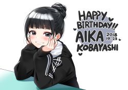 Rule 34 | 1girl, black eyes, black hair, black jacket, blue nails, blush, character name, dated, deadnooodles, elbows on table, grin, hair bun, hands on own cheeks, hands on own face, happy birthday, heart, hood, hood down, hooded jacket, jacket, kobayashi aika, long sleeves, looking at viewer, nail polish, puffy long sleeves, puffy sleeves, real life, sidelocks, single hair bun, sleeves past wrists, smile, solo, upper body, voice actor