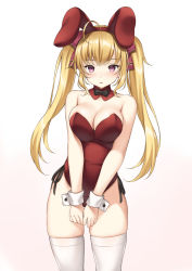 Rule 34 | 1girl, ahoge, animal ears, bare shoulders, blonde hair, breasts, cleavage, cowboy shot, detached collar, fake animal ears, gradient background, hairband, highres, large breasts, leotard, long hair, looking at viewer, nijisanji, parted lips, playboy bunny, purple eyes, rabbit ears, red leotard, ren san, simple background, solo, strapless, strapless leotard, takamiya rion, thighhighs, twintails, virtual youtuber, white thighhighs, wrist cuffs