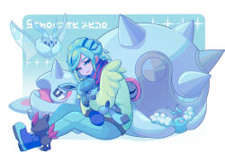 Rule 34 | 1boy, blue footwear, boots, border, cetitan, cetoddle, commentary request, creatures (company), eyelashes, frosmoth, game freak, gen 2 pokemon, gen 3 pokemon, gen 4 pokemon, gen 8 pokemon, glaceon, green eyes, green hair, green pants, grusha (pokemon), highres, holding, holding pokemon, jacket, long hair, male focus, nintendo, pants, pokemon, pokemon (creature), pokemon sv, scarf, shi (soudana sigurd), sitting, smile, sneasel, striped clothes, striped scarf, swablu, white border, yellow jacket