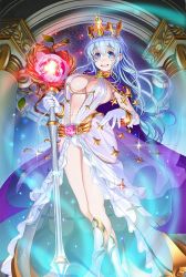 Rule 34 | 1girl, blue eyes, blue hair, breasts, cape, chain chronicle, character request, cleavage, crown, full body, gloves, holding, holding staff, large breasts, long hair, looking at viewer, open mouth, smile, solo, staff, tsuji santa, white gloves